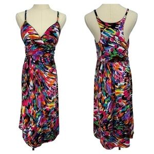 JFW Colourful Fit and Flare Dress Sz M/L Pink Paint Splatter Sexy Sundress EUC